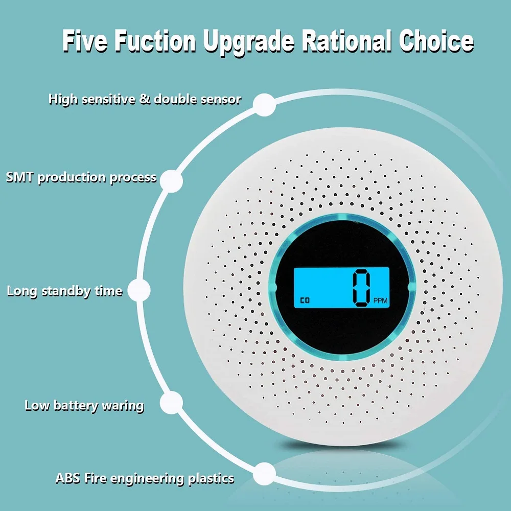 Co Gas Smoke Alarm and Carbon Monoxide Detector LED Digital 2 in 1.High Sensitive Voice Warn for Home Security Protection