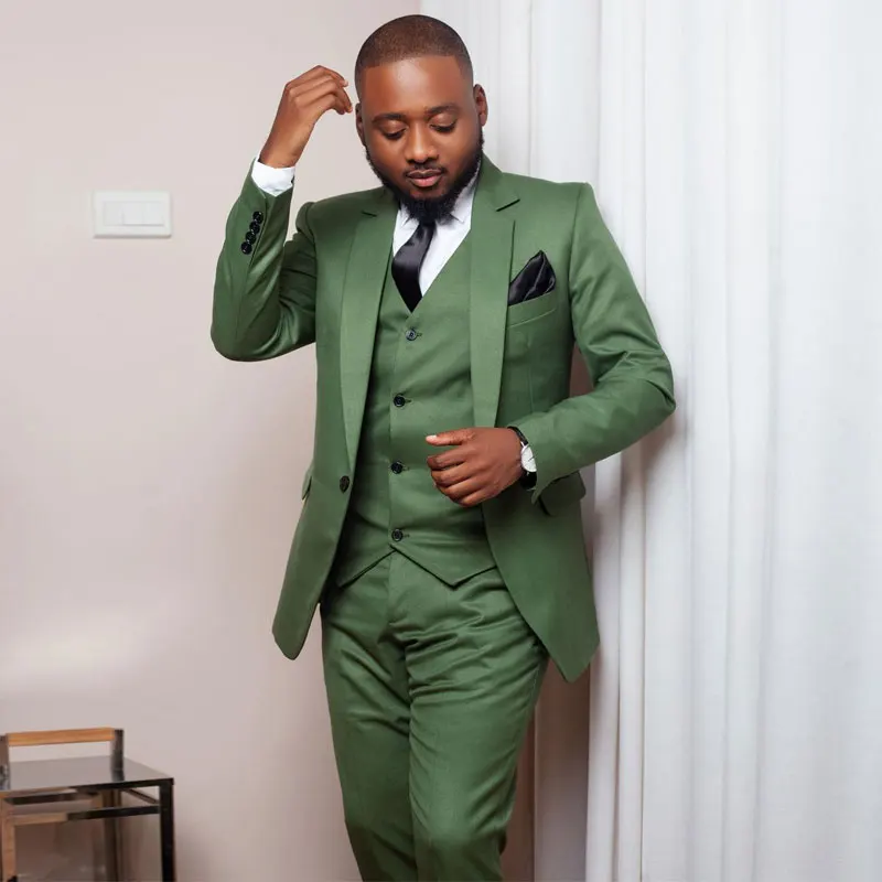 

Olive Green Three Pieces Men's Suit Notched Lapel Wedding Blazers Male Tuxedos Tailored Groom Wear Prom Jackets Vest And Pants