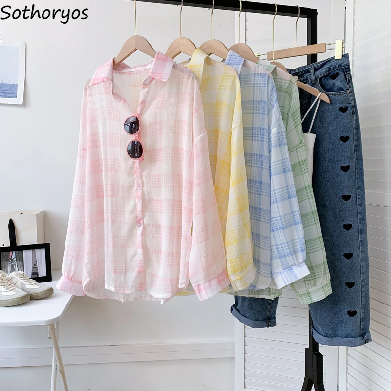 Chiffon Plaid Shirts Women Ins Fashion Tender Baggy Elegant Lightweight Sun Protection Long Sleeve Outerwear Female OL Hot Sales