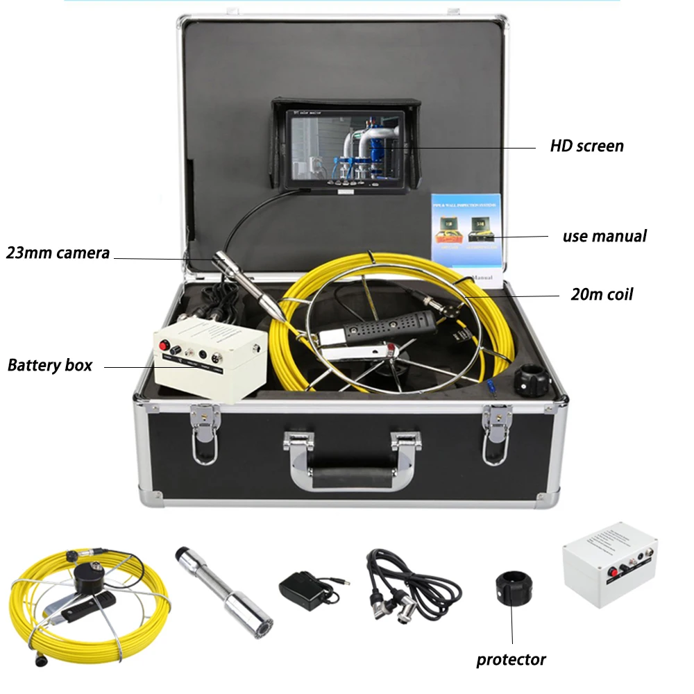 

TPWLCO 7inch 20m CCTV Sewer Pipe Drain Video Camera 23mm Lens IP68 Waterproof Industral Endoscope Inspection System 12pcs LEDS