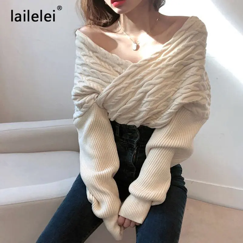 Chic Off Shoulder Sexy V-neck Cross Loose Twist Patchwork Sweaters Solid Color Long Sleeve Knitted Pullovers Autumn Spring 2021