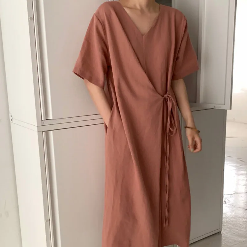 2020 Women Summer Beige Cotton and Linen V Neck Lacing Up Long Loose Dress Straight Cozy Casual Midi Sundress