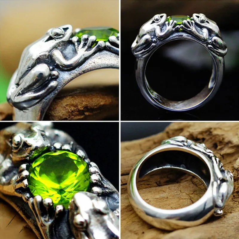 Ring female oriental vibrations925 pure silver green gem frog lucky frog ring