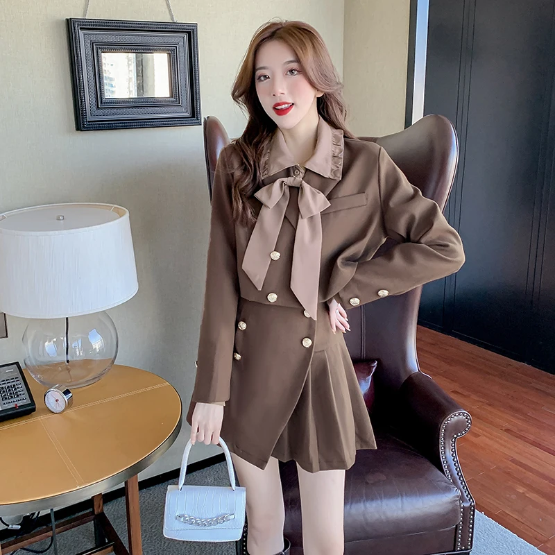 

2021 Lady Autumn Fashion Preppy Style Suit Long-Sleeved Short Jacket + Pleated Skirt + Bow Shirt 3-Piece Suit Women Outfits