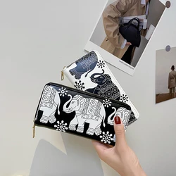 Elephant Print Long Wallet for Women Many Departments Women Leather Wallets Card Holder Purse Female Purses Long Clutch Carteras