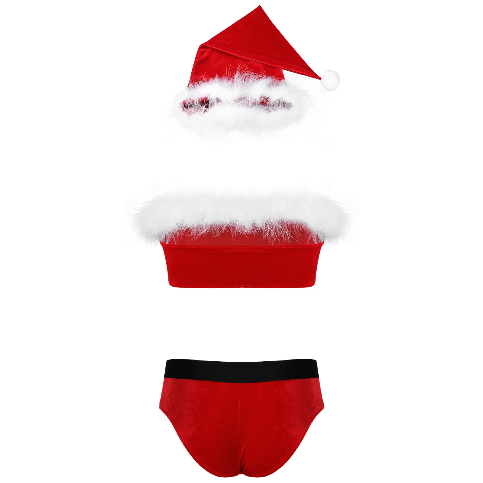 Mens Christmas Santa Claus Costume Velvet Lingerie Suit Nightwear Men Cosplay Santa Claus Strapless Crop Top Briefs Hat Suit