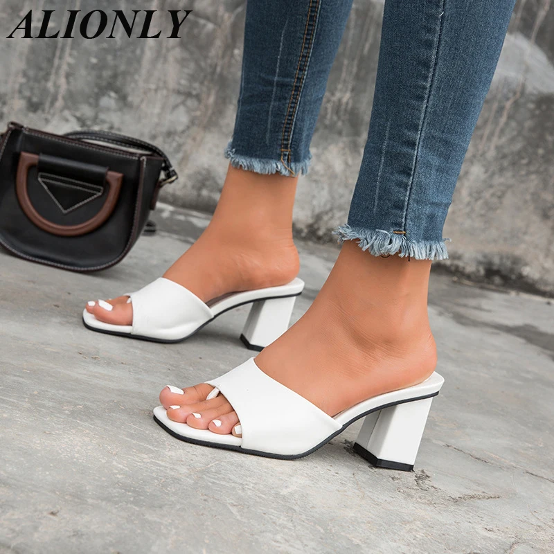 Alionly Slipper Outdoor Sandal for Women 2025 Summer Square High Heel Slip On Flip Flop Elegant Slides chaussure femme