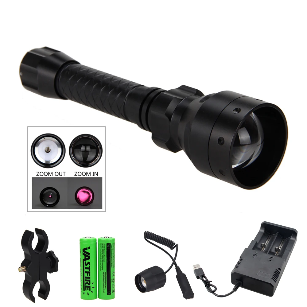 T50 IR 850nm Hunting Flashlight Night Vision Infrared Weapon Gun Light 50MM Lens IR Scout Lamp+Rifle Mount+Switch+18650+Charger