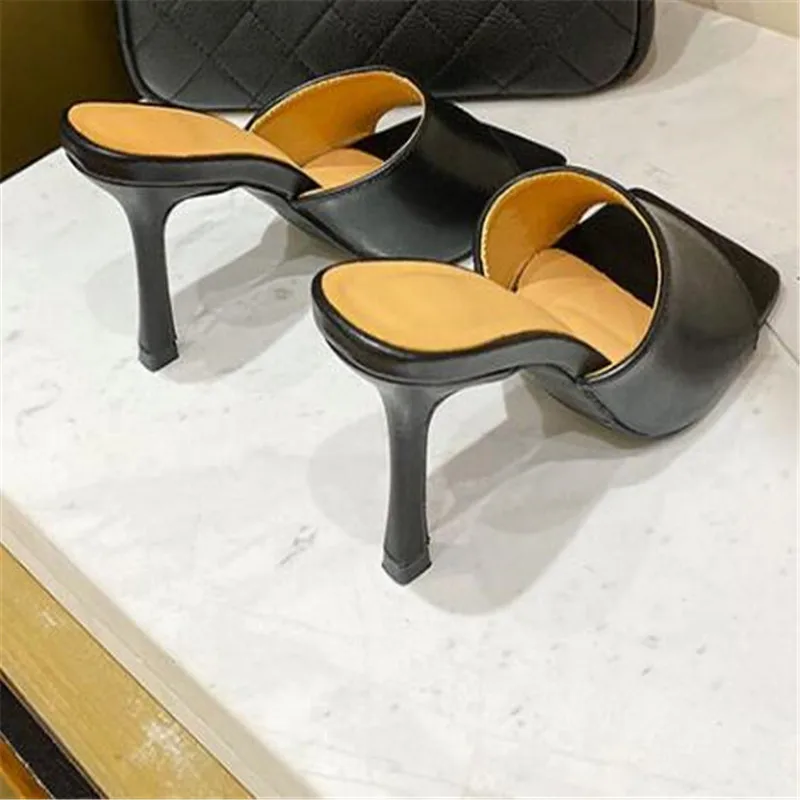 High Quality Soft Leather Casual Mules Thin High Heel Sandals Summer Women Square Toe Outdoor Slippers Dress Shoes