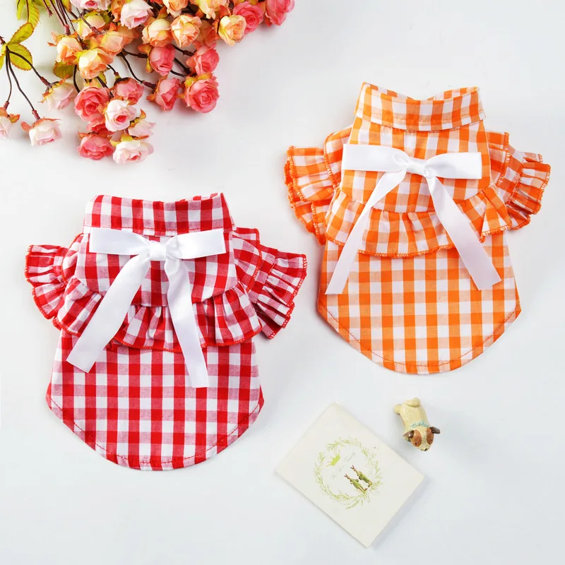 Red/Orange Summer Pet Plaid Dress Bow Wedding Dog Skirt Pet Princess Dresses Fashion Dog Clothes For Small Dogs Chihuahua Teddy