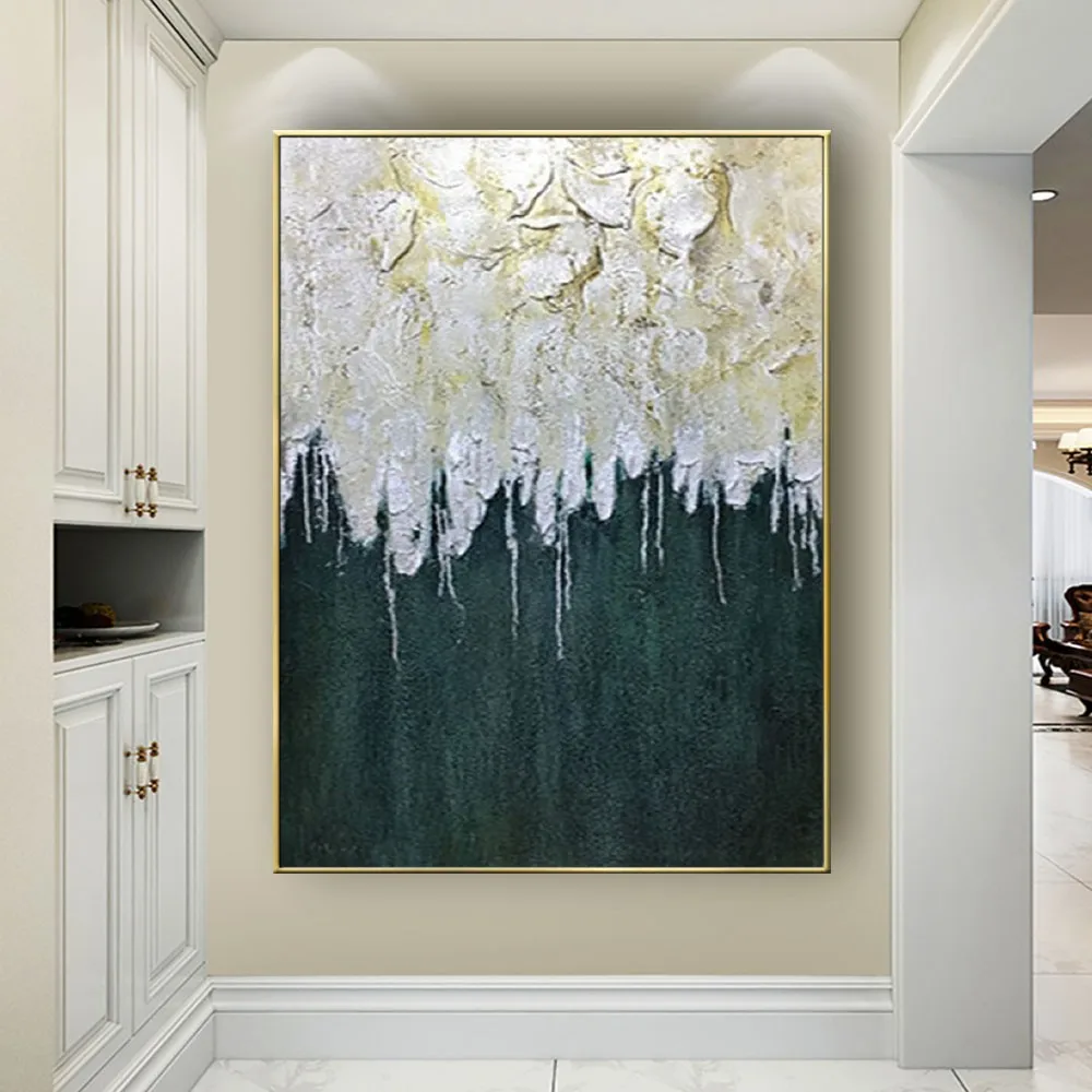 

Simple Hand-Painted Oil Paintings Modern Abstract Thick Texture Gray And Green Theme Canvas Poster Porch Living Room Wall Art