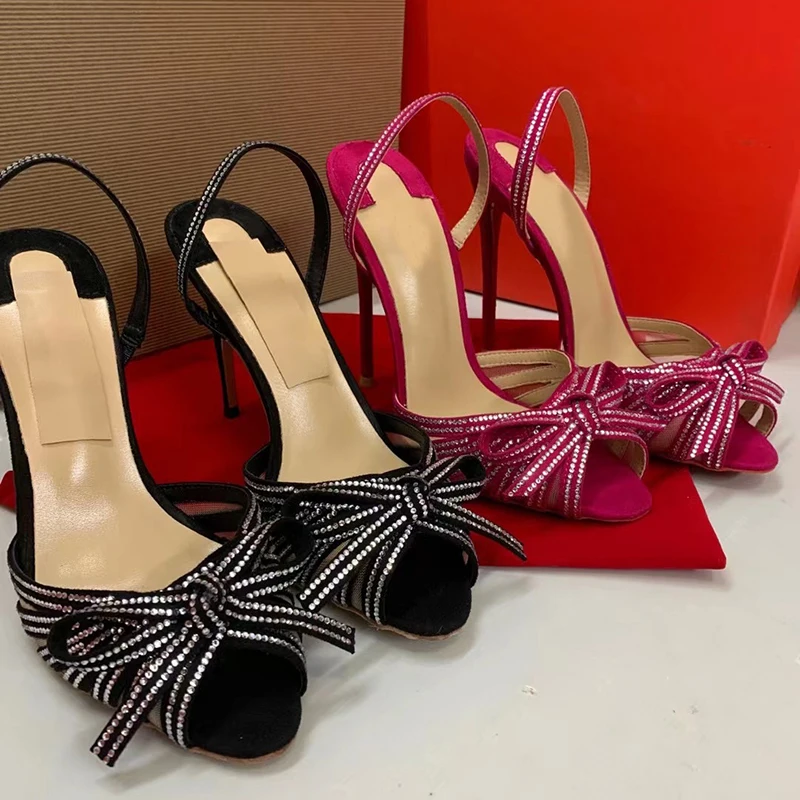 

New Arrival Suede Material Bling Crystals Bow Tie Open Toe Back Strap Women High Heels Sandals Shoes