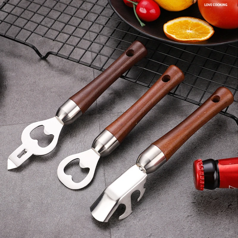 

304 Stainless Steel Bottle Opener with Wooden Handle, Creative Beer Bottle Opener, Cap Opener, Multi-purpose Tray Lifter