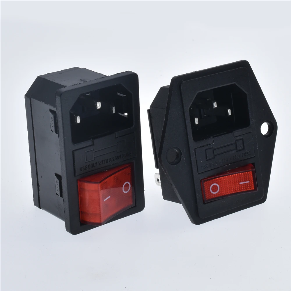 New Integral Red Light 10A250VAC Rocker Switch Power Rocker Fused IEC 320 C14 Inlet Socket 3pin Connector Plug With fixing holes