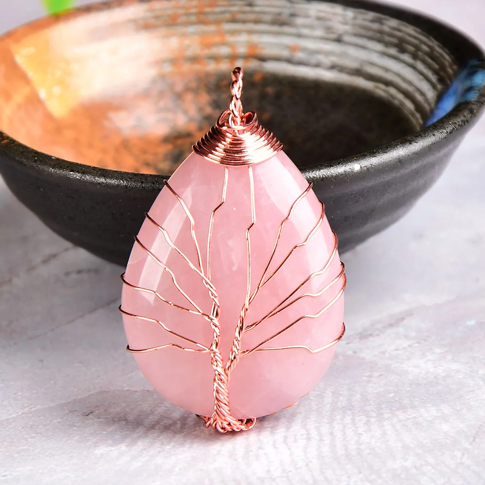 1PC Natural Crystal Tree Of Life Pendant Fashion Simple Rose Quartz Mineral Jewelry Amethyst for Men Women Jewelry DIY Gift