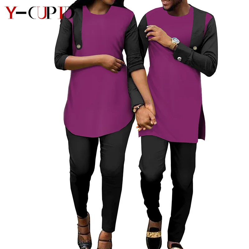 New African Clothes for Couples Top and Pants Sets for Women Match Men Outfits 2 Pieces Sets Button Patchwork Shirts Y21C025