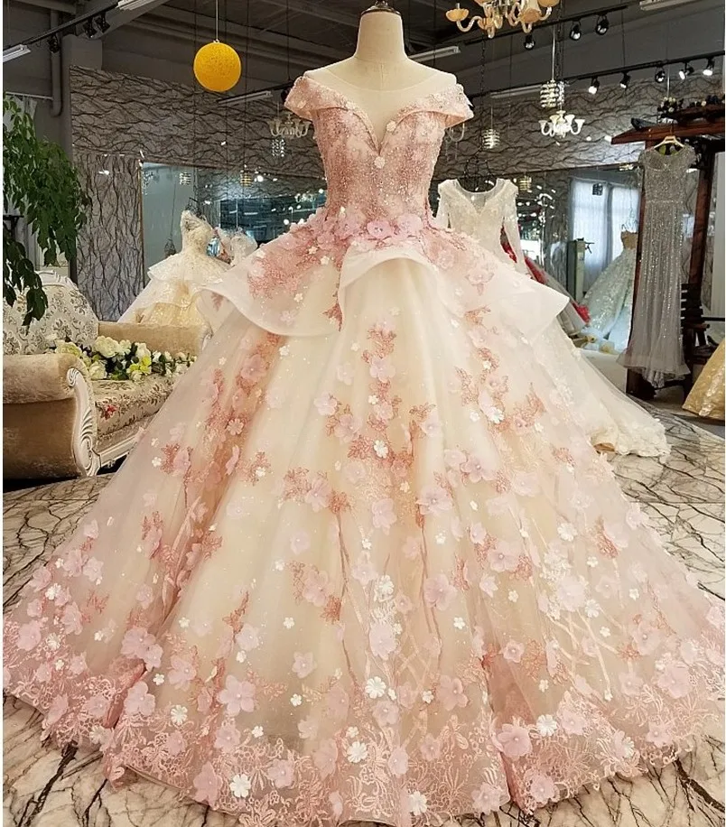 Abito Quinceanera rosa chiaro 2022 maniche con scollo a v maniche 3D fiore Lace Up Party Princess Sweet 16 abito da ballo abiti da 15 ol