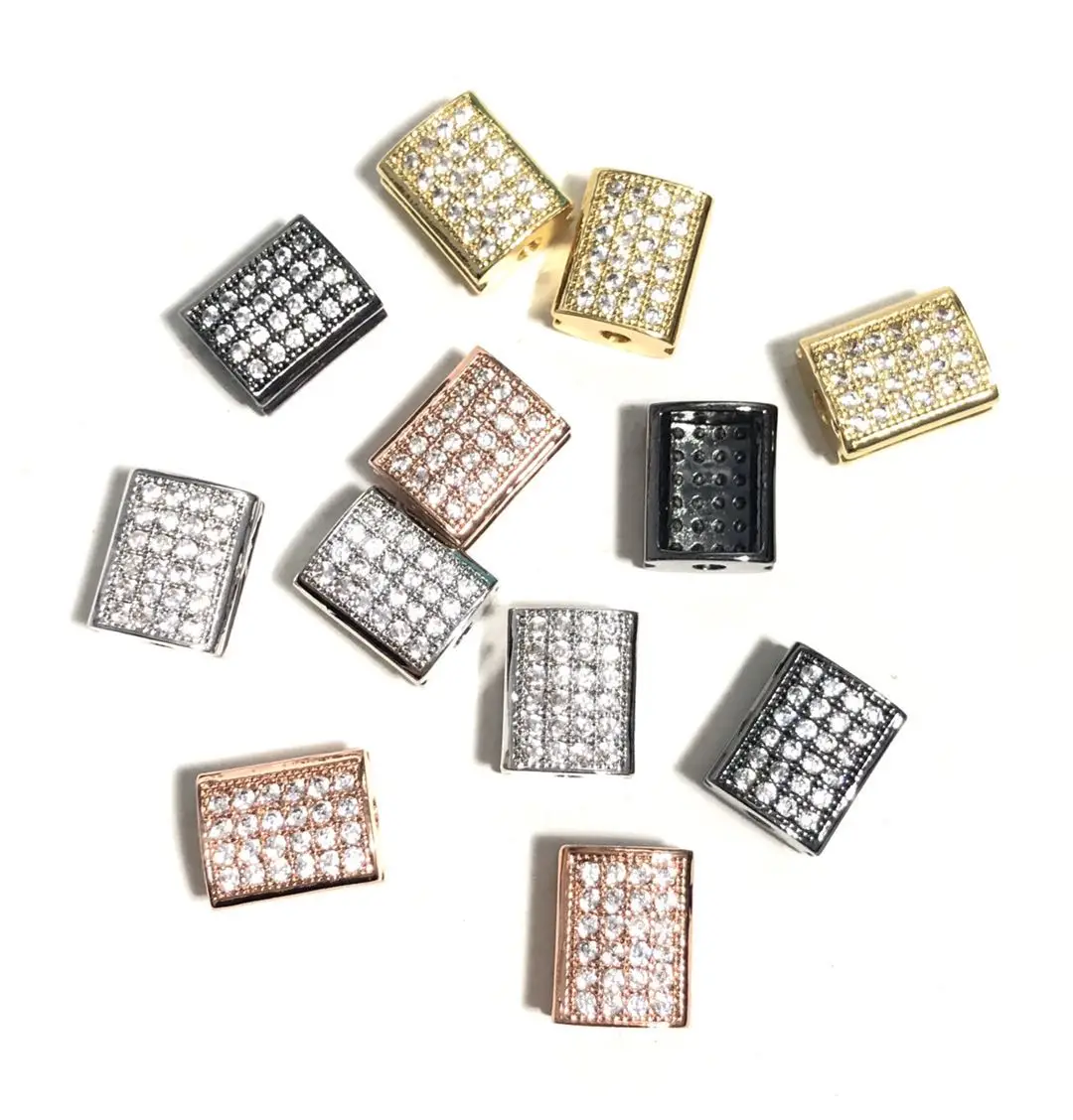 10pcs Clear Cubic Zirconia Paved Rectangle Beads Spacers for Women Jewelry Bracelet Necklace Making Silver-Plated Accessory Bulk