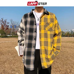 LAPPSTER hommes surdimensionné coton chemise à carreaux 2022 homme Hip Hop Patchwork bouton à manches longues chemise Couple coréen Harajuku vêtements