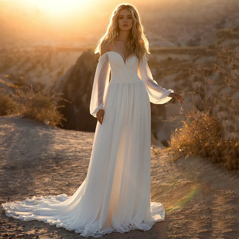 

Romantic Wedding Dresses Bohemian Chiffon A Line Puff Sleeves Wedding Gown Beach Bridal Dress 2021 abito da sposa