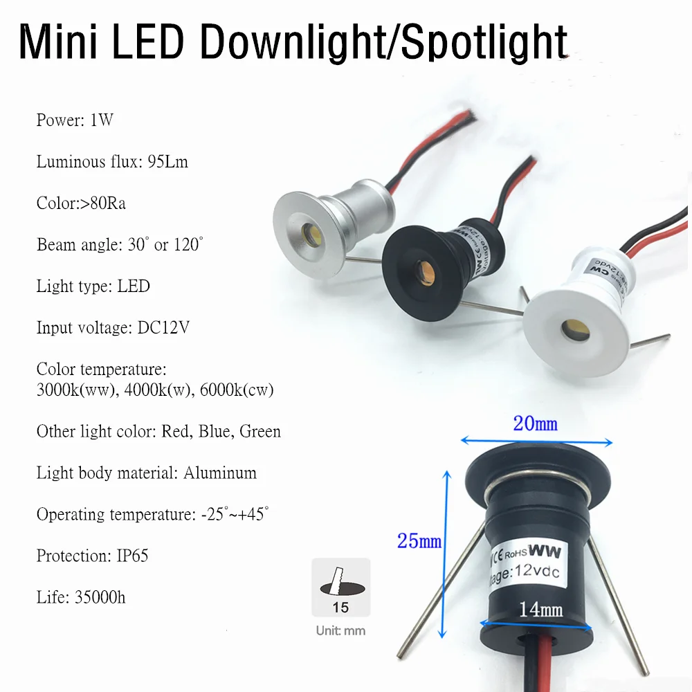 Mini LED Downlight 1W Ceiling Spotlight 15mm Recessed Dimmable Spot Light with Remote Control Cabinet Showcase Stair Canopy Lamp