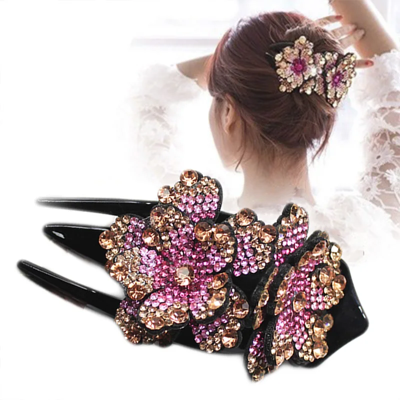 Lystrfac Female Large Rhinestone Flower Hair Claw Duckbill Clip Headdress Hairpin Plate Hair Grab Fashion Hair Accessories