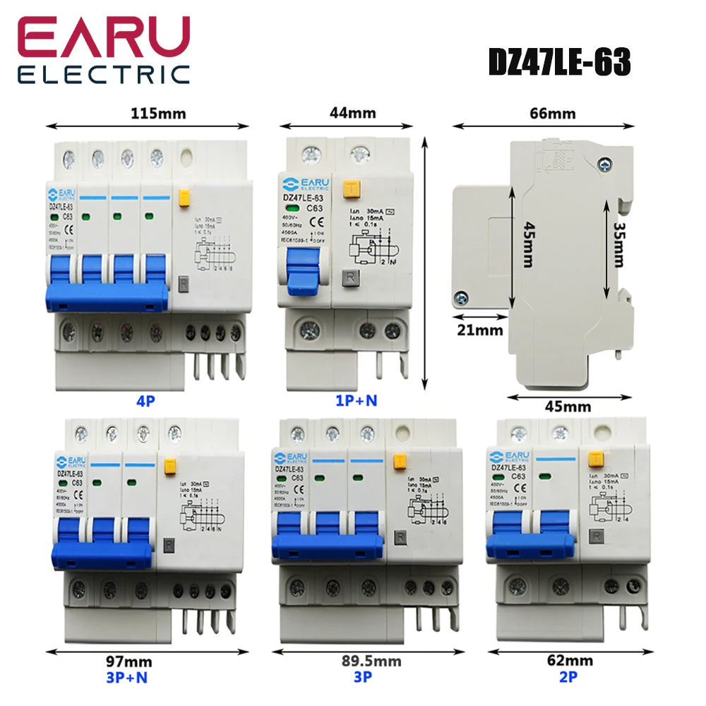 DZ47LE-63/125 Husehold Air Switch RCBO Leakage Protector 1P+N 2P 3P+N 4P AC400V Three-Phase Overload Protection Circuit Breaker