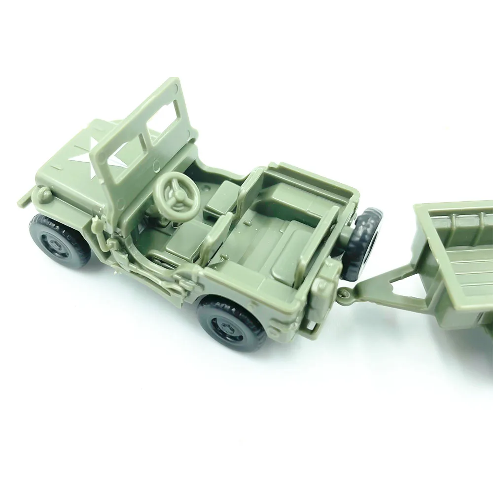 1/72 US Willys Jeep Assemble WW2 GP Military Vehicle Puzzle Block Car Collections Decor Scene Sandpan Game Model Toy W/Trailer