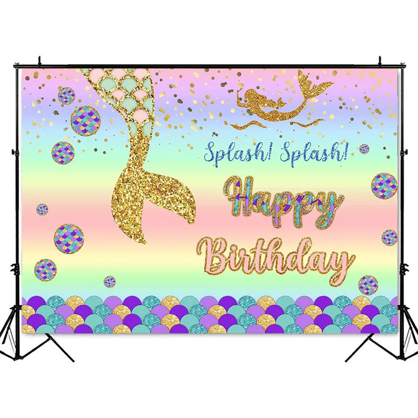 С днем рождения Русалка фон с золотым блеском фото фон для фотографирования с изображением ярких Русалка фон для фото студия индивидуальный для фотосессии
