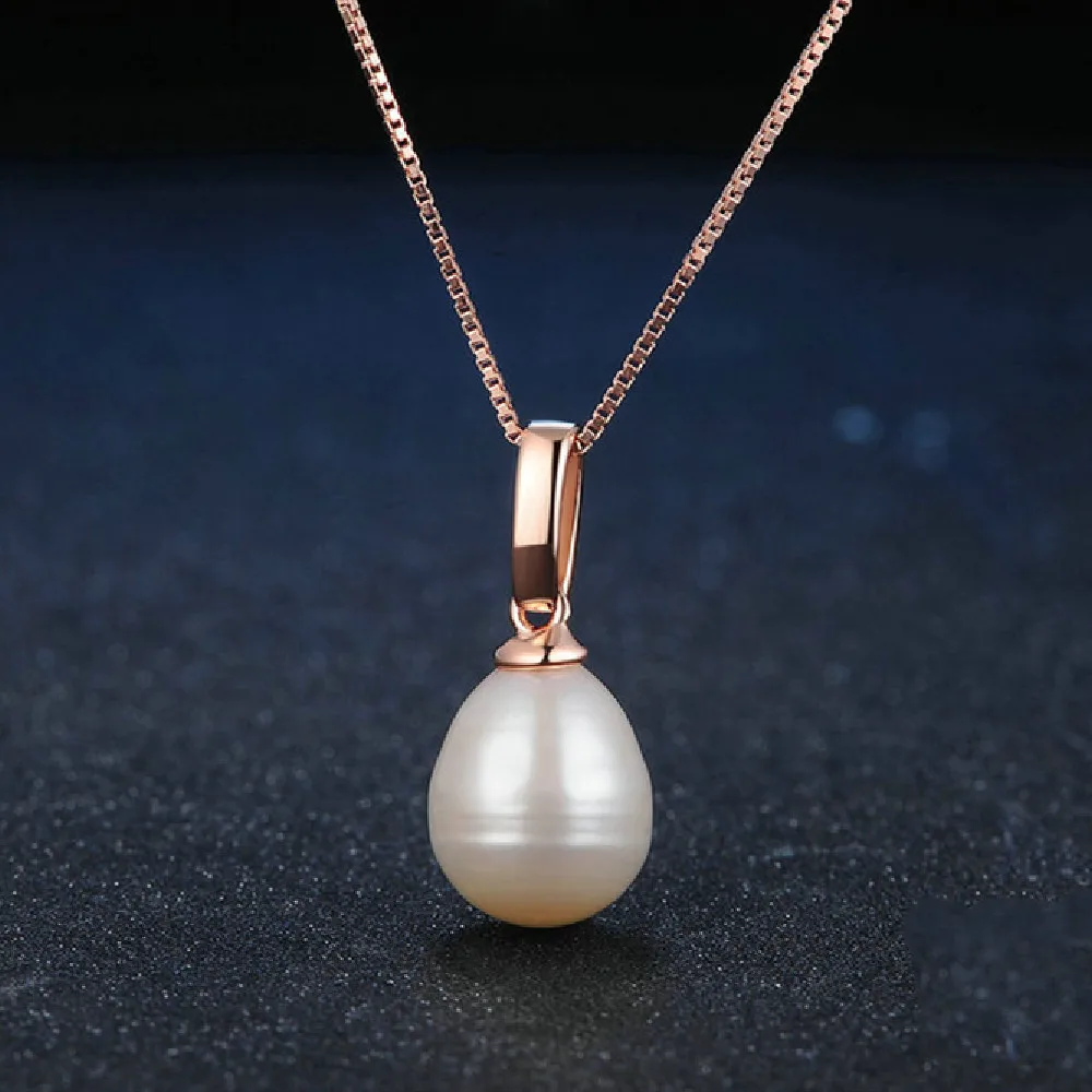 

925 Sterling Silver Color Treasure Jewelry Natural Freshwater White Pearl 8 * 9mm Rose Gold Pendant Necklace