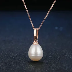 925 Sterling Silver Color Treasure Jewelry Natural Freshwater White Pearl 8 * 9mm Rose Gold Pendant Necklace