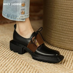 Lace-up Black Women Shoes 2022 New Genuine Leather Shoes Woman Heels Working Thick Botton Square Toe Women Shoes Shoes for Women