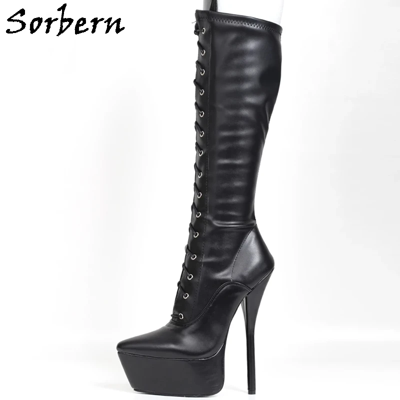 Sorbern Matt Black Lace Up Boots Knee High Platform 7 Inch High Heels Flexiable Lace Up Fetish Boot Custom Wide Fit Pointy Toes