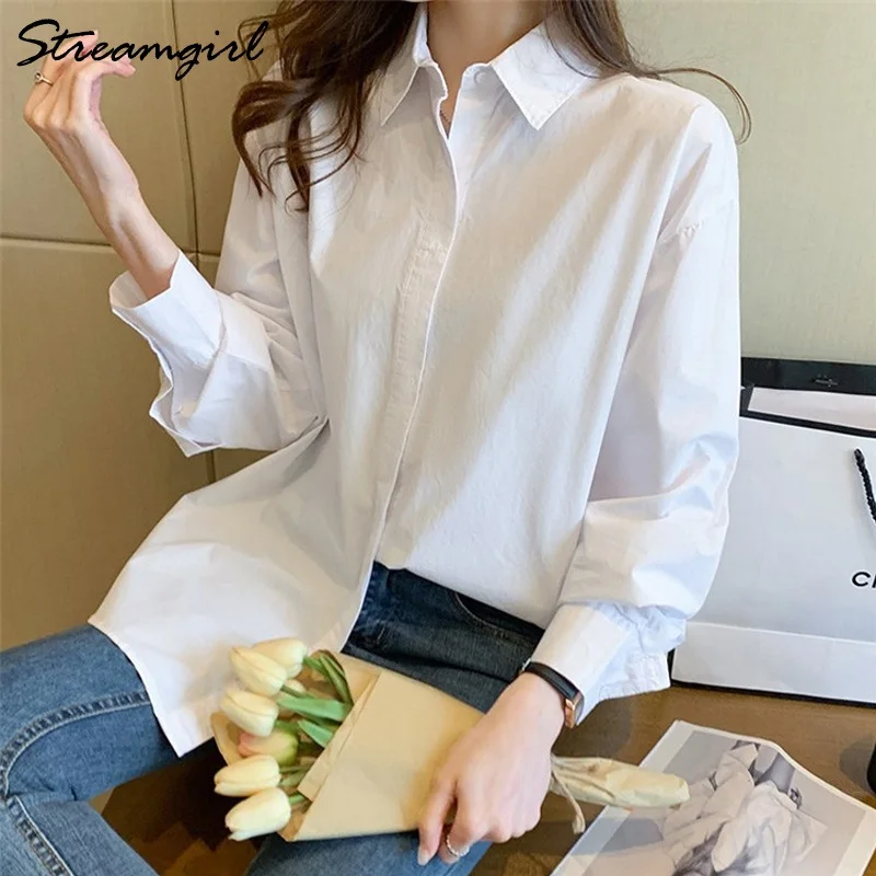 Oversize White Shirt Women Autumn Turn-down Collar Solid Blouses Women\'s Shirts Casual Loose Cotton Shirt Women Overzise White