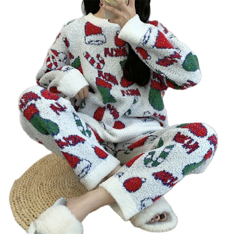 Lady Winter Warm Pajamas Set Cartoon Nightwear Christmas Sleepwear Coral Fleece Women\'s Pyjamas Flannel Pijamas Thicken Homewear