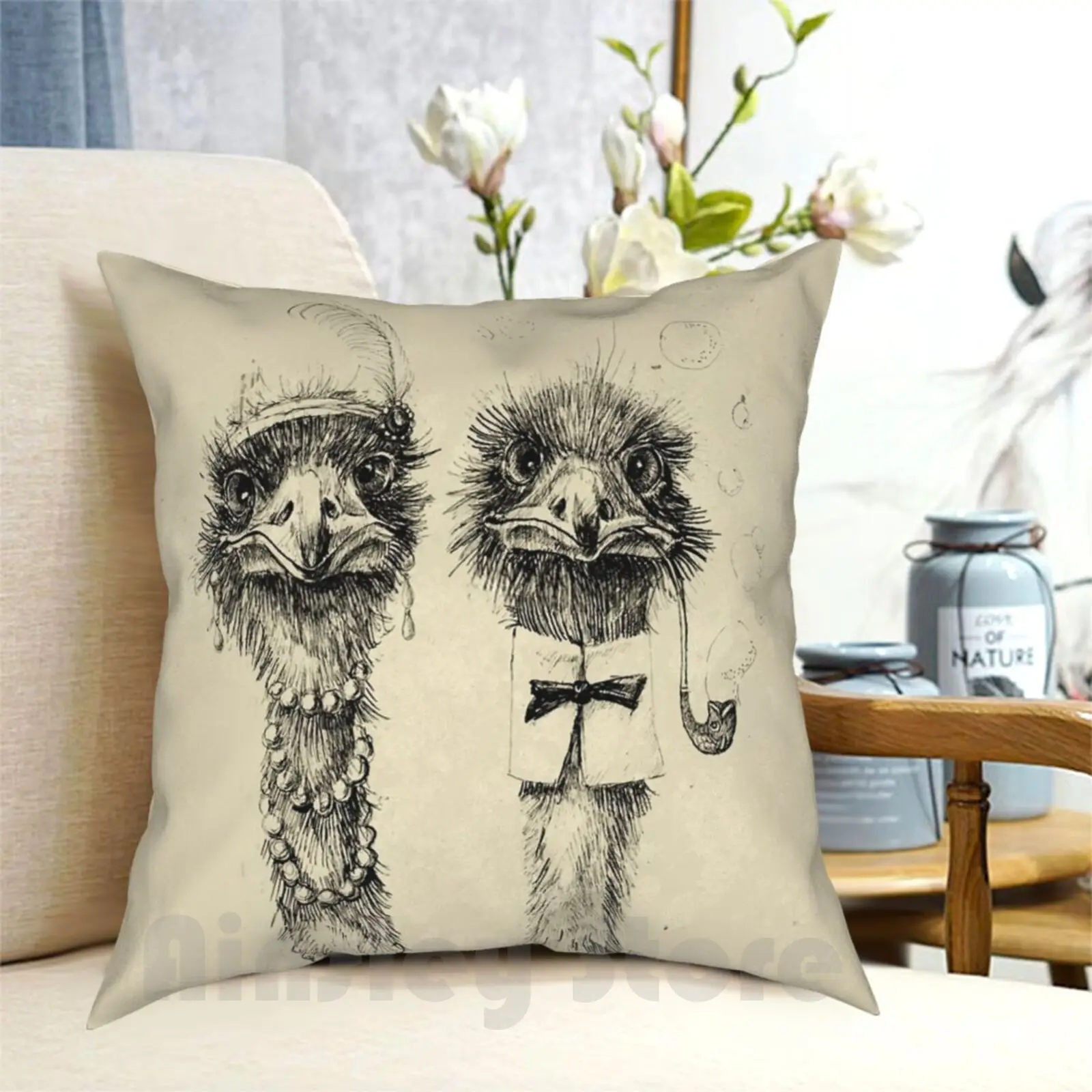Mr. And Mrs. custodia per cuscino di struzzo stampata per la casa cuscino morbido di struzzo Ostriches Nature Bird Birds coppia Vintage