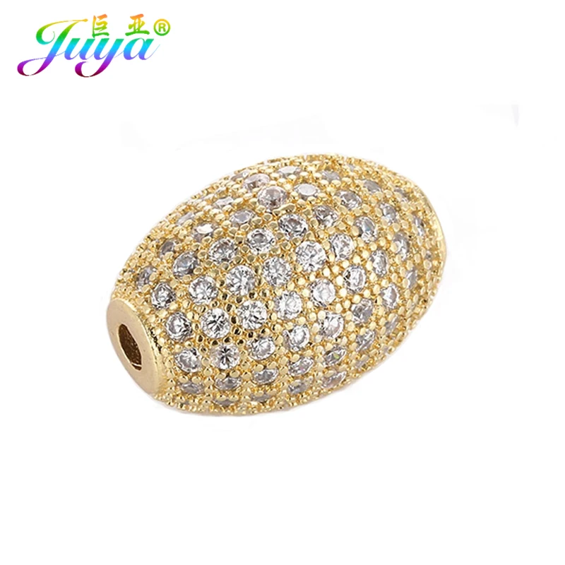 Juya Micro Pave Zircon Metal Oval Beads For Women Men Handmade Fashion Needlework Beading Jewelry Making