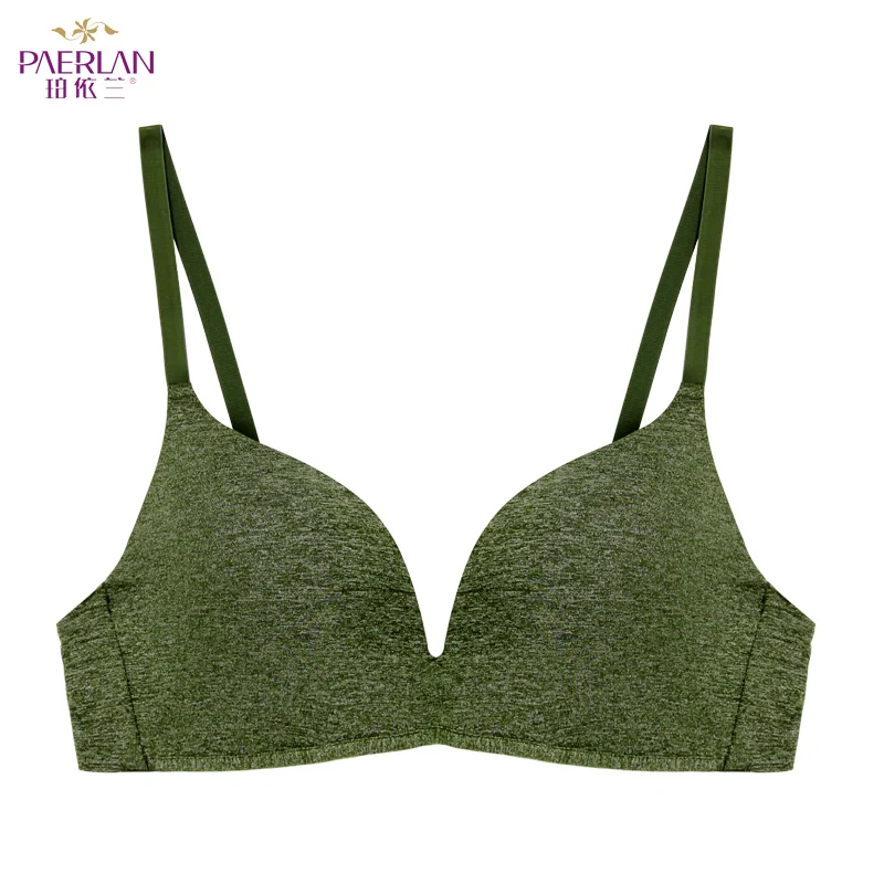 PAERLAN Wire Free Comfortable Small Breast Push Up 3/4 Cup Bra Everyday Simple style One-Piece green Lycra Underwear Women