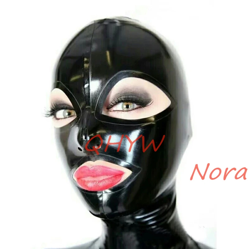 Handgemachte Latex maske schwarze Gummi hauben mit offenen großen Augen und Mund zurück Reiß verschluss Cosplay benutzer definierte Größe für Männer Frauen