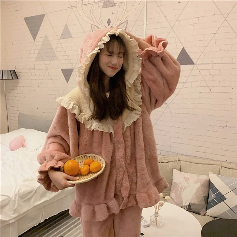 

Pajamas fall/winter yukata ladies long-sleeve flannel Korean sweet princess thick warm home service 2PCS sleepwear underwear