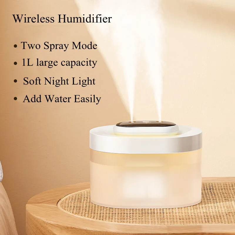 

1L Double Nozzle LED Air Humidifier 2000mAh Rechargeable Battery Wireless Ultrasonic Aroma Water Diffuser USB Mist Maker Fogger