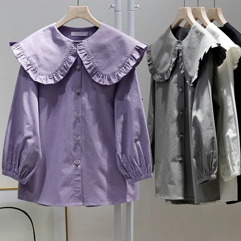 2025 New Solid Sweet Cotton Blouses Spring Fall Women Peter Pan Collar Tops Elegant Single Breasted Loose Lazy Shirts Femme