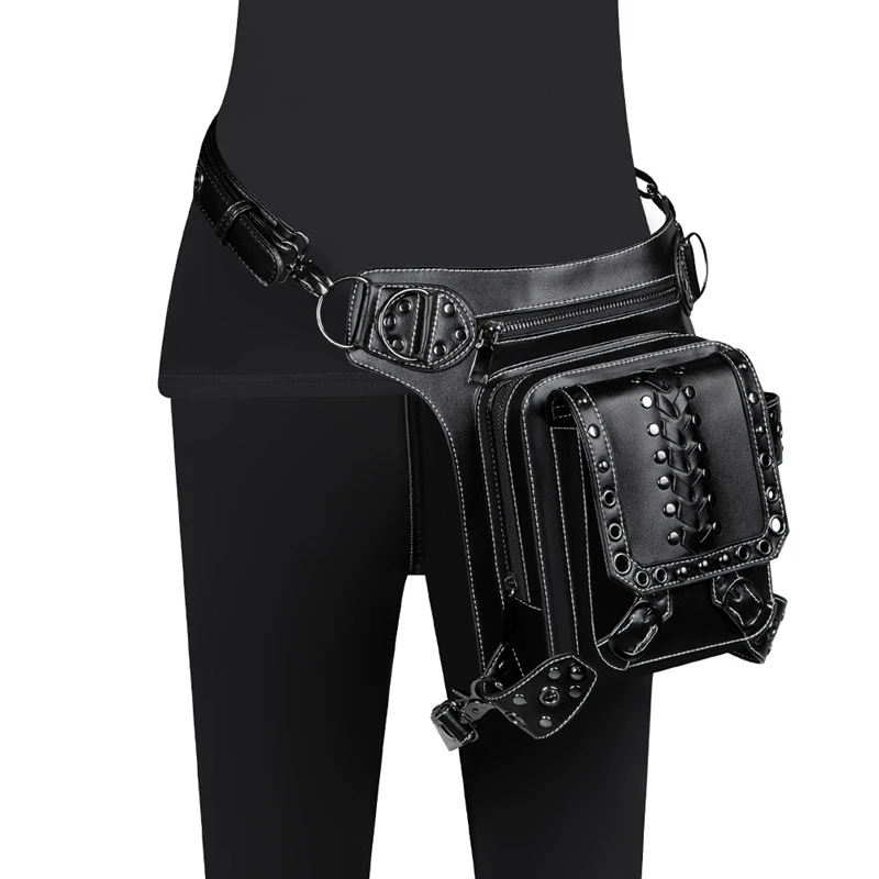 Women Waist Bag Gothic Fanny Packs Motorcycle Hip Leg Bag Steampunk Holster Black Shoulder Bag Men PU Leather Crossbody Bags Beg