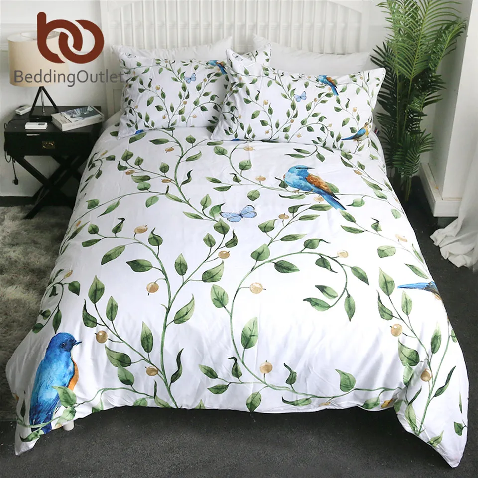 

BeddingOutlet Green Leaves Bedding Set Butterfly Birds Bedclothes Tree Branch Duvet Cover 3pcs Spring Watercolor Comforter Cover