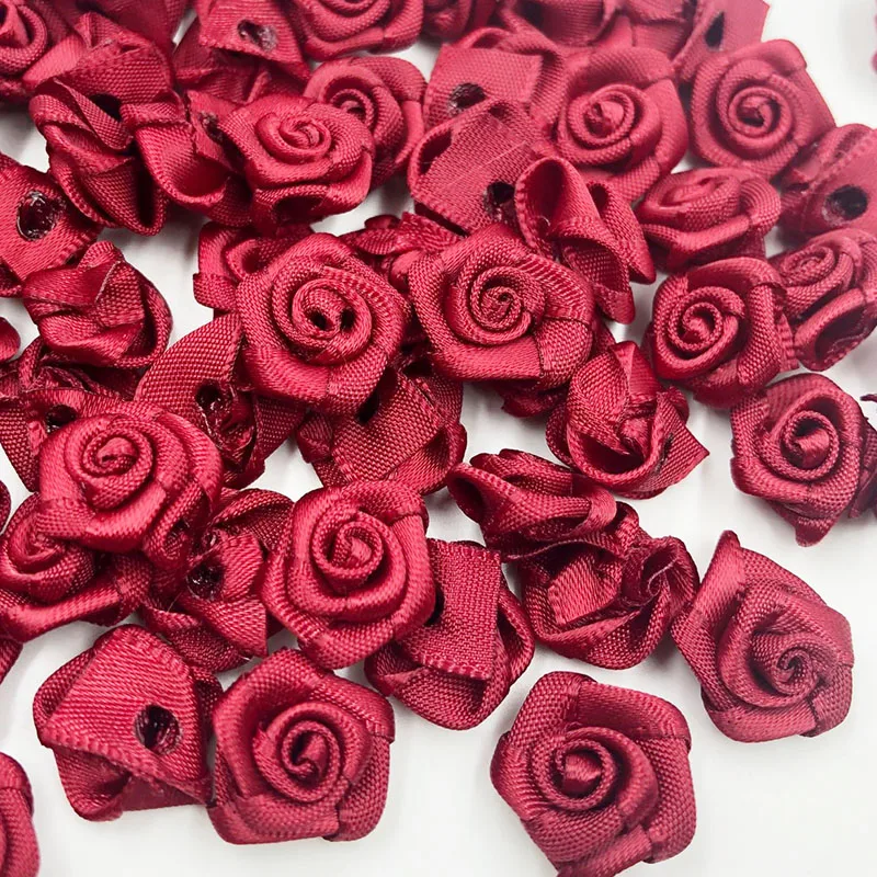 100pcs Mix Color Satin Ribbon Flower Rose craft/wedding appliques B040