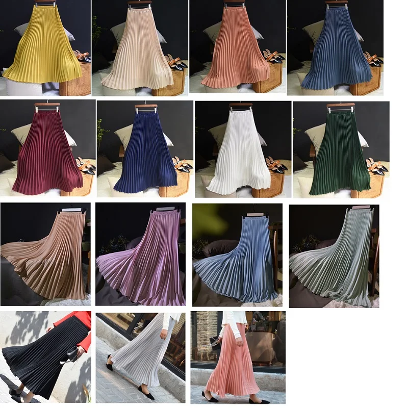 90cm Women Maxi Pleated Skirt A Line Midi Skirts High Waist Spring 2020 Femme Casual Party Long Skirt Vintage korean Skirt