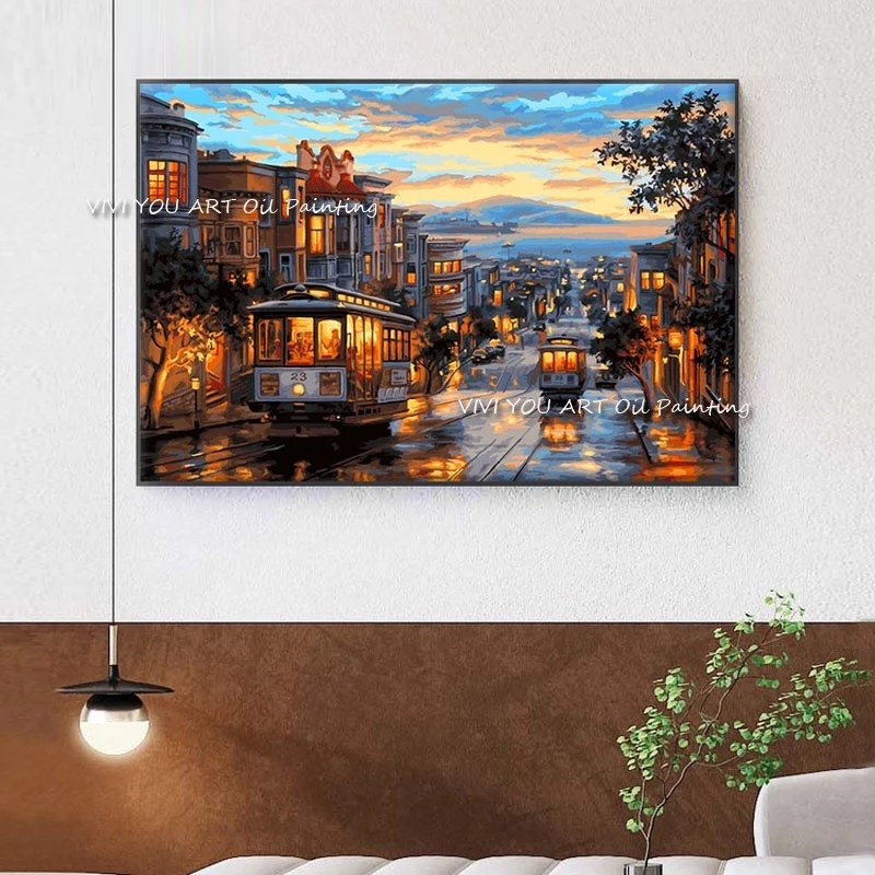 The Trend Abstract Modern Sunset Bus Thick Blue Sky Oil Painting Handpainted Textured Brush Wall Art Large Decor Busy City Life