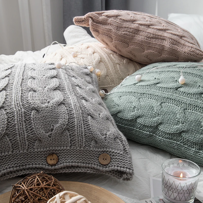 Soft Cotton Plait Knit Cushion Cover Vintage Ivory Grey Pink  Solid Pillow Case 45cm*45cm Button Open Home Decoration Nordic