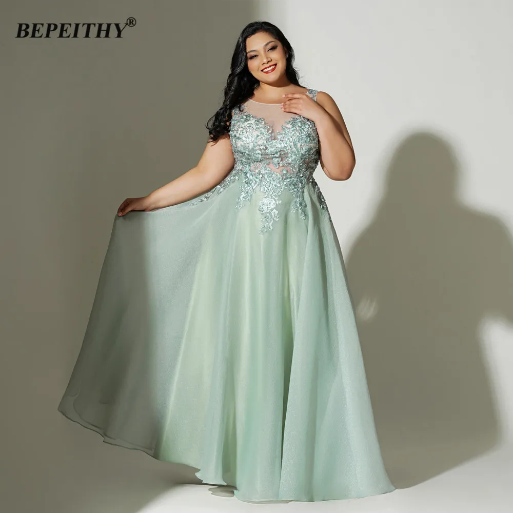 BEPEITHY, vestidos de noche largos personalizados, fiesta elegante para mujeres curvadas, sin mangas, encaje hasta el suelo, vestido de graduación verde de talla grande