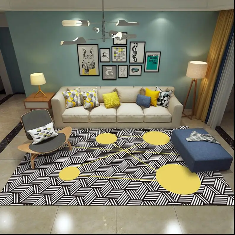 Ins Geometric Black White Carpets Rugs Modern Coffee Table Bedroom Living Room Non-Slip Tapete Modern Home Decor Floor Mats